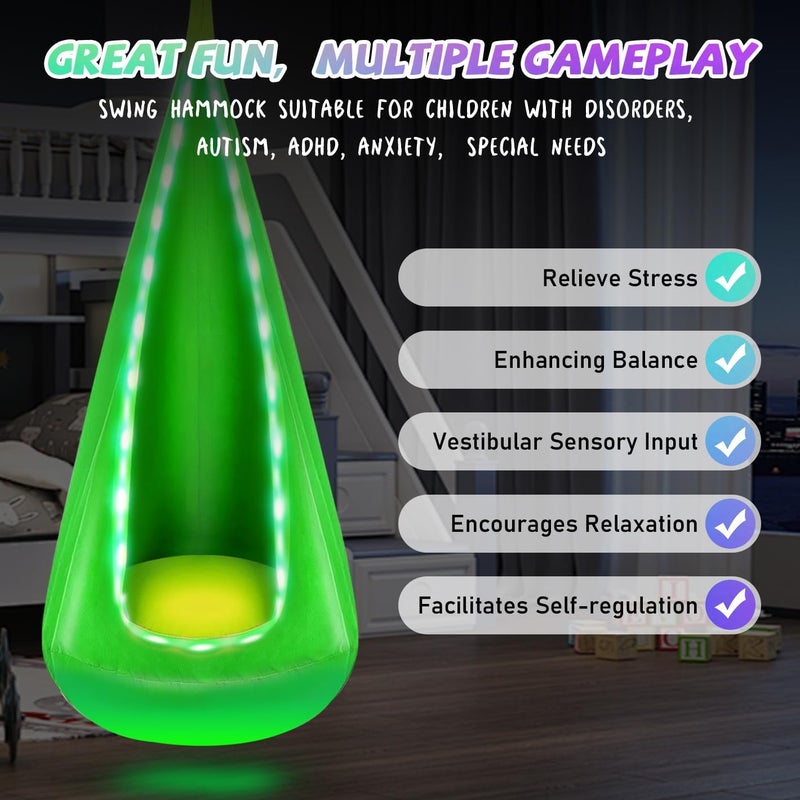 Bghdas Light Up Kids Pod Swing Seat, Hanging Hammock Chair with LED Lights, Upgraded Cotton Child Sensory Swing Seat, Sensory Swing for Autistic Kids Indoor & Outdoor Play (Green) - Image 5